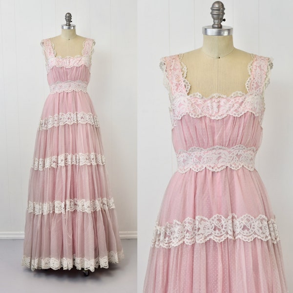 1970s Mike Benet Pink Lace Swiss Polka Dot Barbie Cottage Core Prom Party Dress Gown