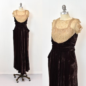 1930s/1940s Lace Bodice Brown Velvet Art Deco Party Dress Gown Wounded As Is