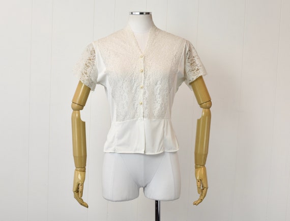 1950s White Floral Lace Nylon Blouse - image 1