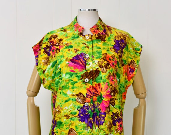 1960s Sun Fashions of Hawaii Green Yellow Tropica… - image 2