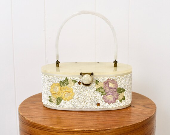 1950s Lucite Beaded Floral Box Purse Handbag - image 1