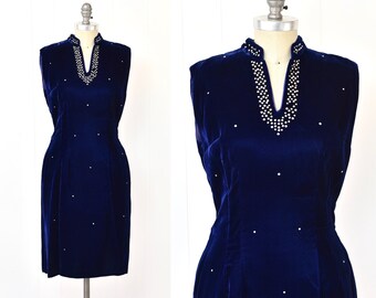 1950s/1960s Midnight Blue Velvet Rhinestone Beaded Bombshell Wiggle Dress