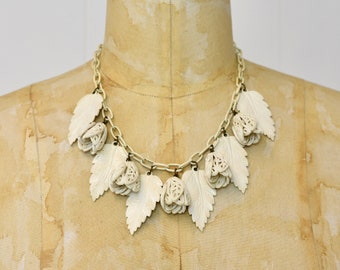 1930s/1940s Celluloid Leaves Floral White Charm Statement Necklace Jewelry