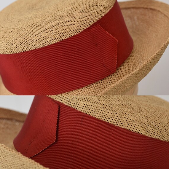 1950s Hattie Carnegie Straw Sun Hat with Red Ribbon Gem