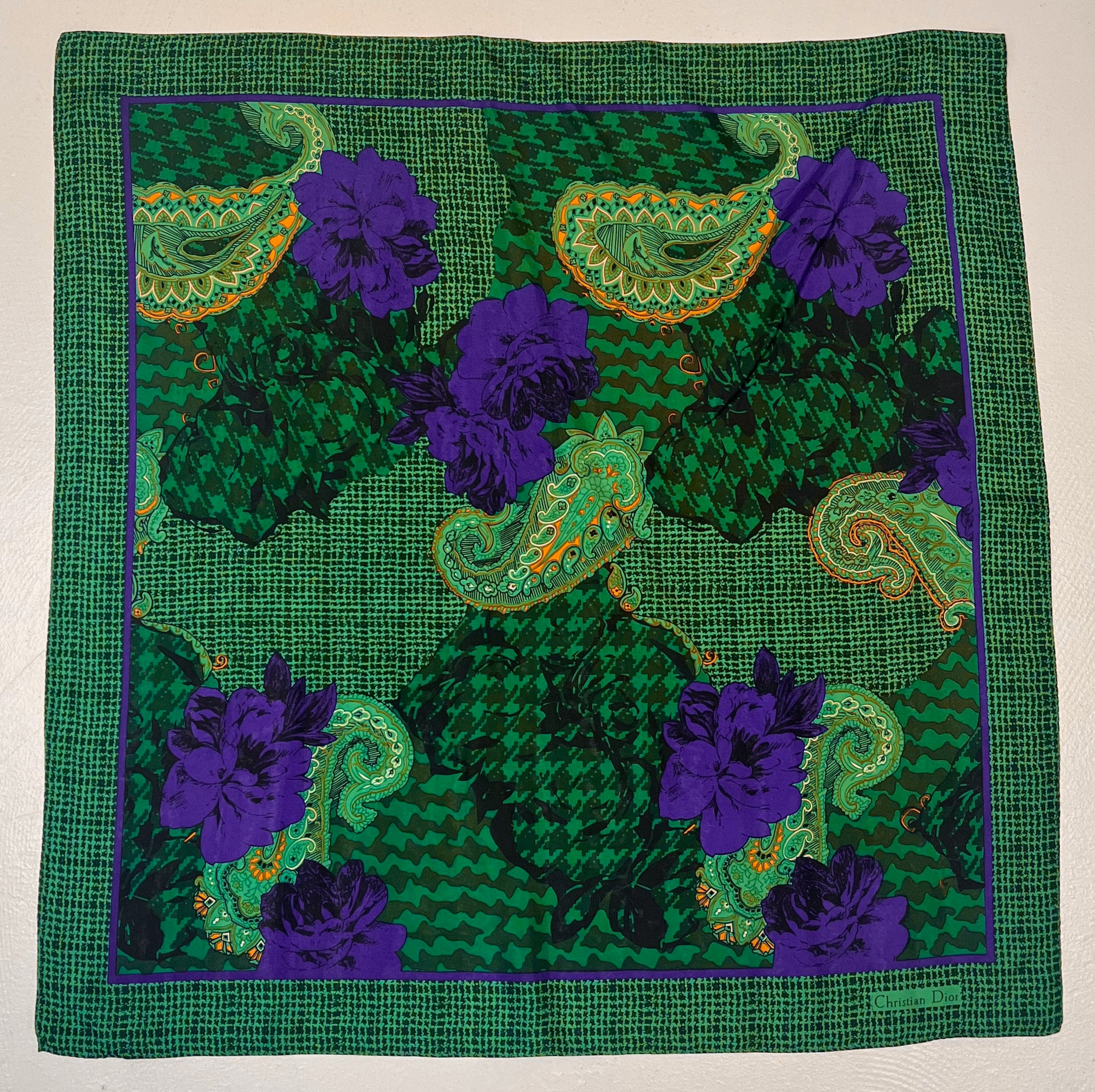 Vintage Christian Dior Green Purple Rose Floral Paisley Silk