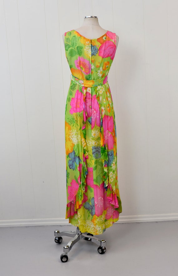 1960s Hawaiian Colorful Floral Ruffle Silk Chiffo… - image 5