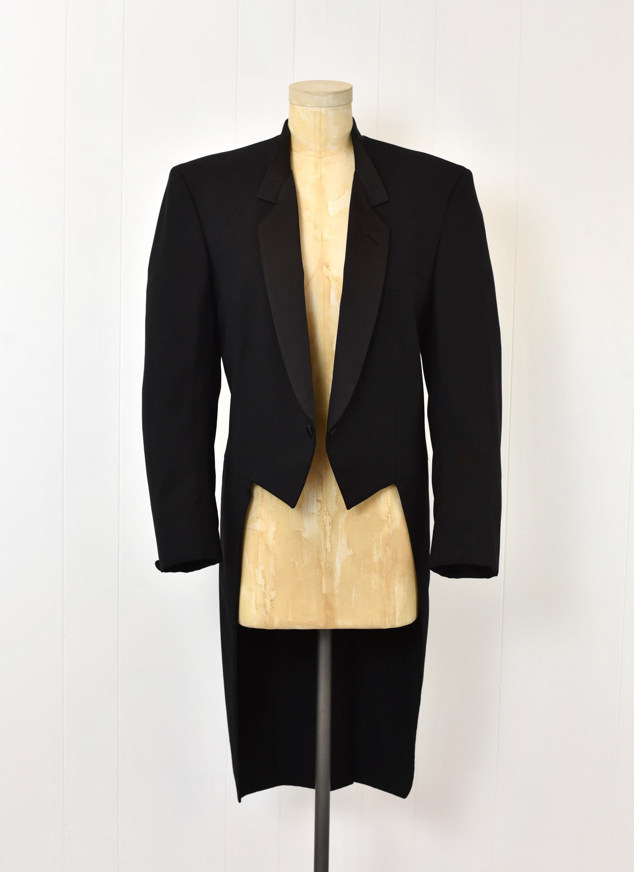 1980s Pierre Cardin Black Wool Satin Collar Tails Tuxedo Suit