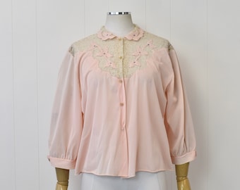 1950s Pink Lace Rhinestone Nylon Blouse Shirt Top Lingerie Pajama Bed Jacket As Is