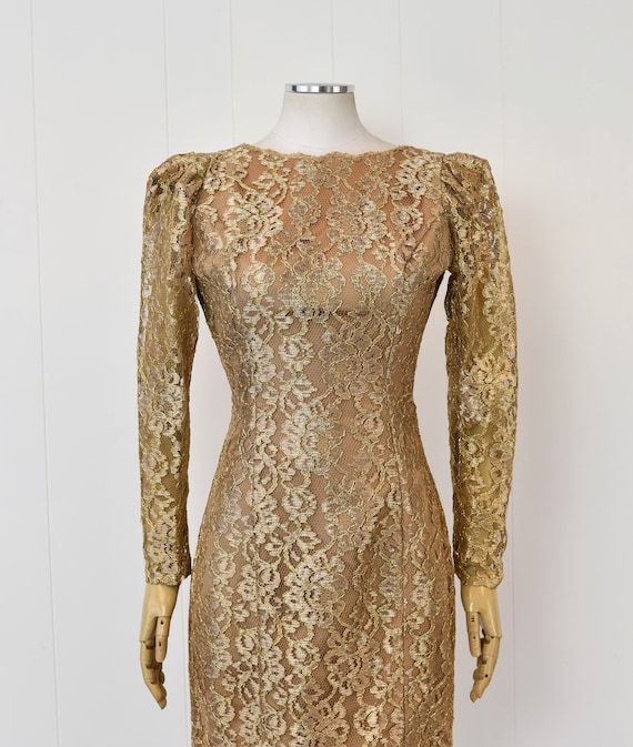 1980s Metallic Gold Beaded Floral Lace Puff Sleev… - image 2