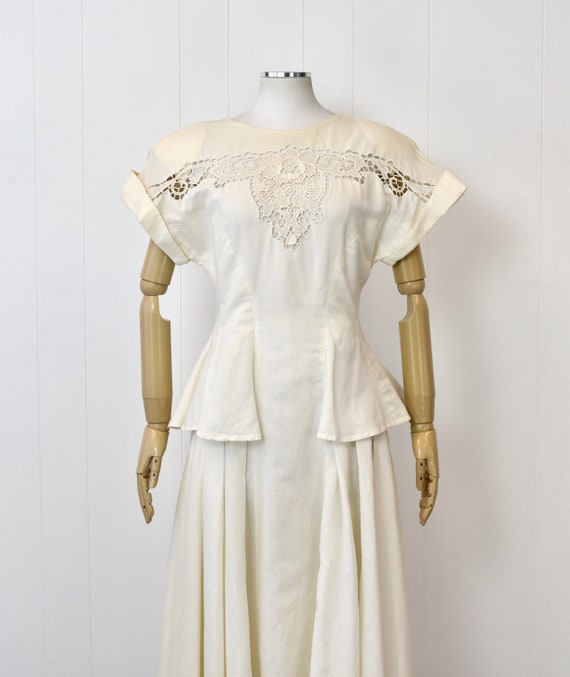 1980s/1990s Ivory Lattice Floral Peplum Linen Bri… - image 2