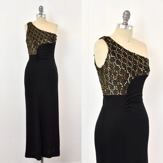 1970s/1980s Sequin Metallic Gold Black One Shoulder Funky Disco Maxi Dress Gown