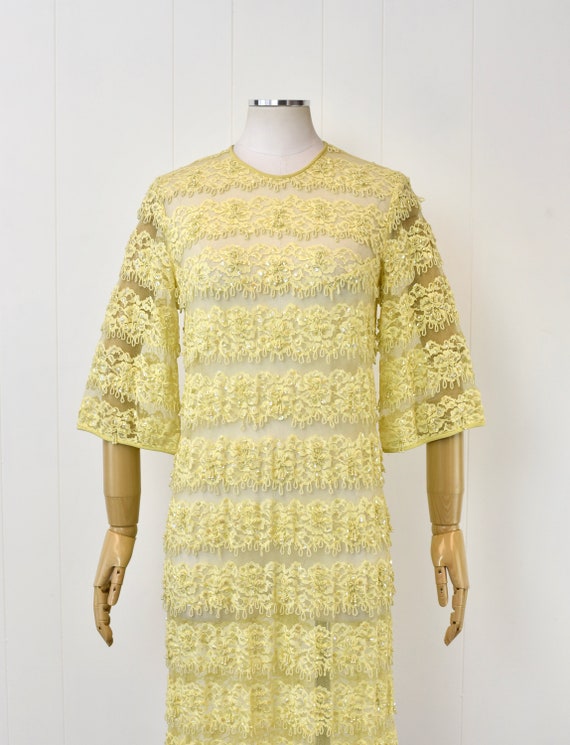 1960s Yellow Lace Sequin Beaded Floral Tulle Shee… - image 2