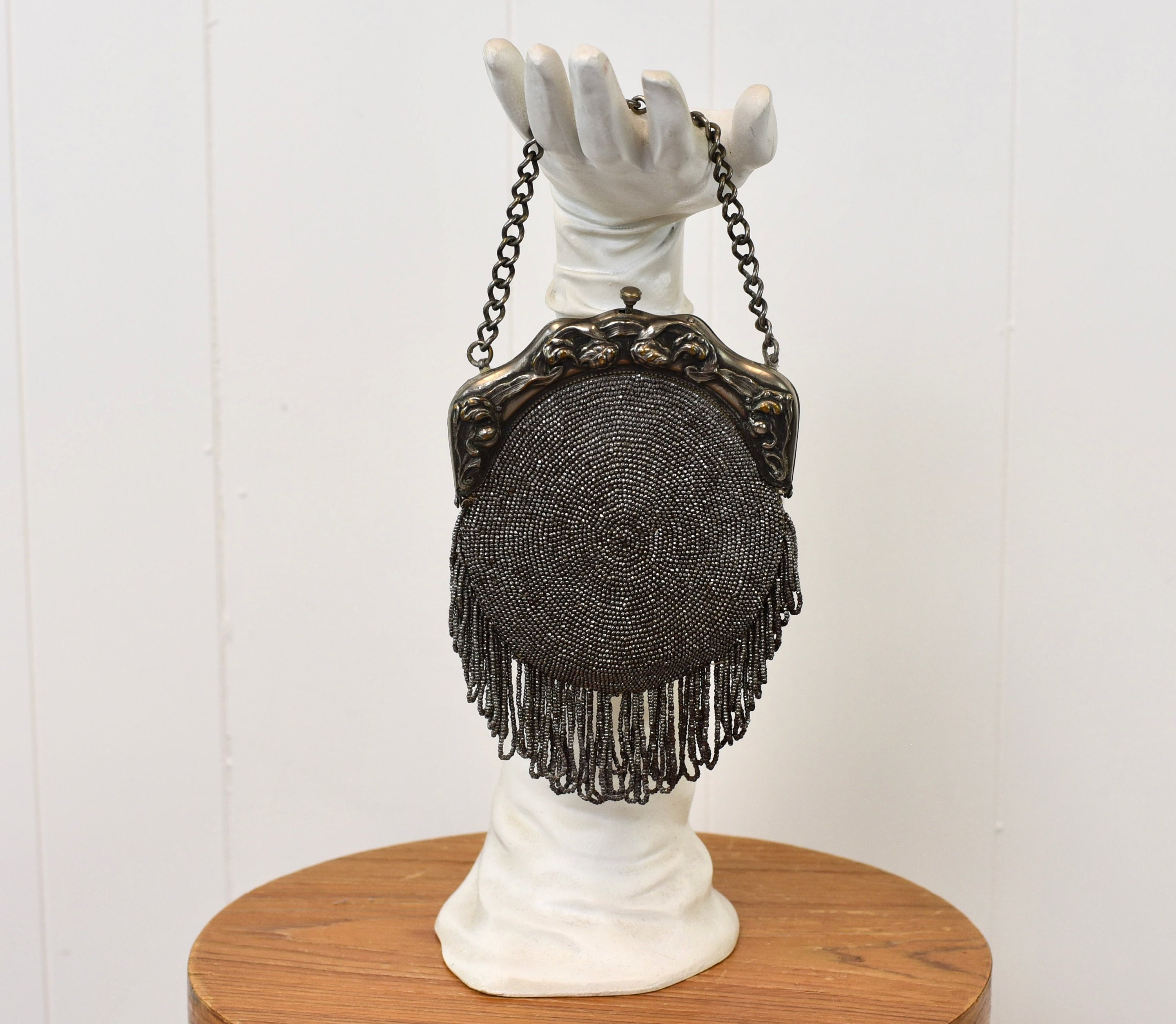 Antique 1910s/1920s Art Nouveau Ornate Beaded Chain Silver Gray Fringe Flapper Purse Handbag