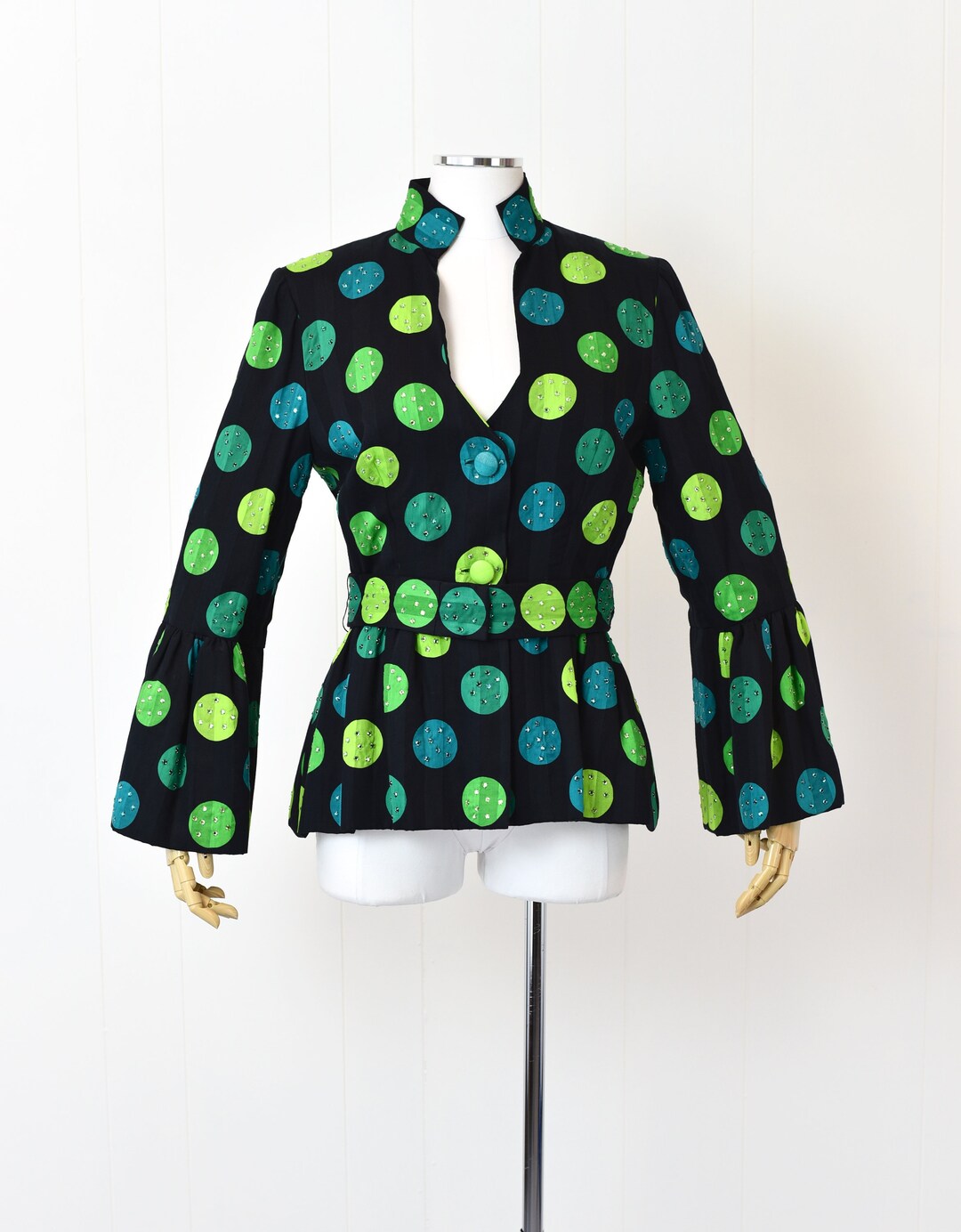Medium 1970s Pauline Trigere Tan Polka Dot Blouse