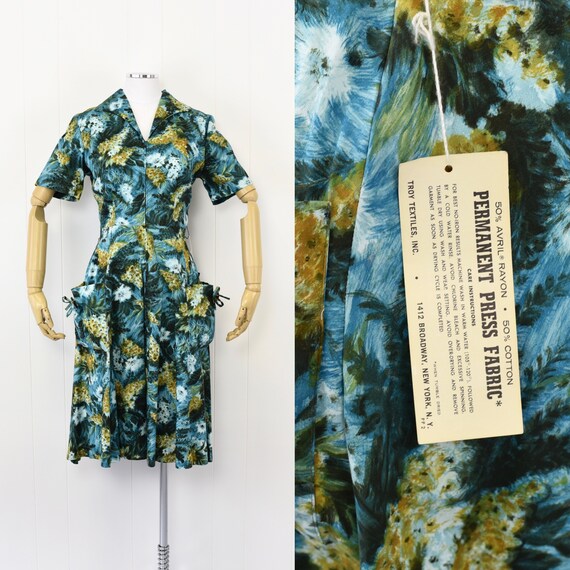 NOS 1950's Mode O' Day Blue Floral Dress