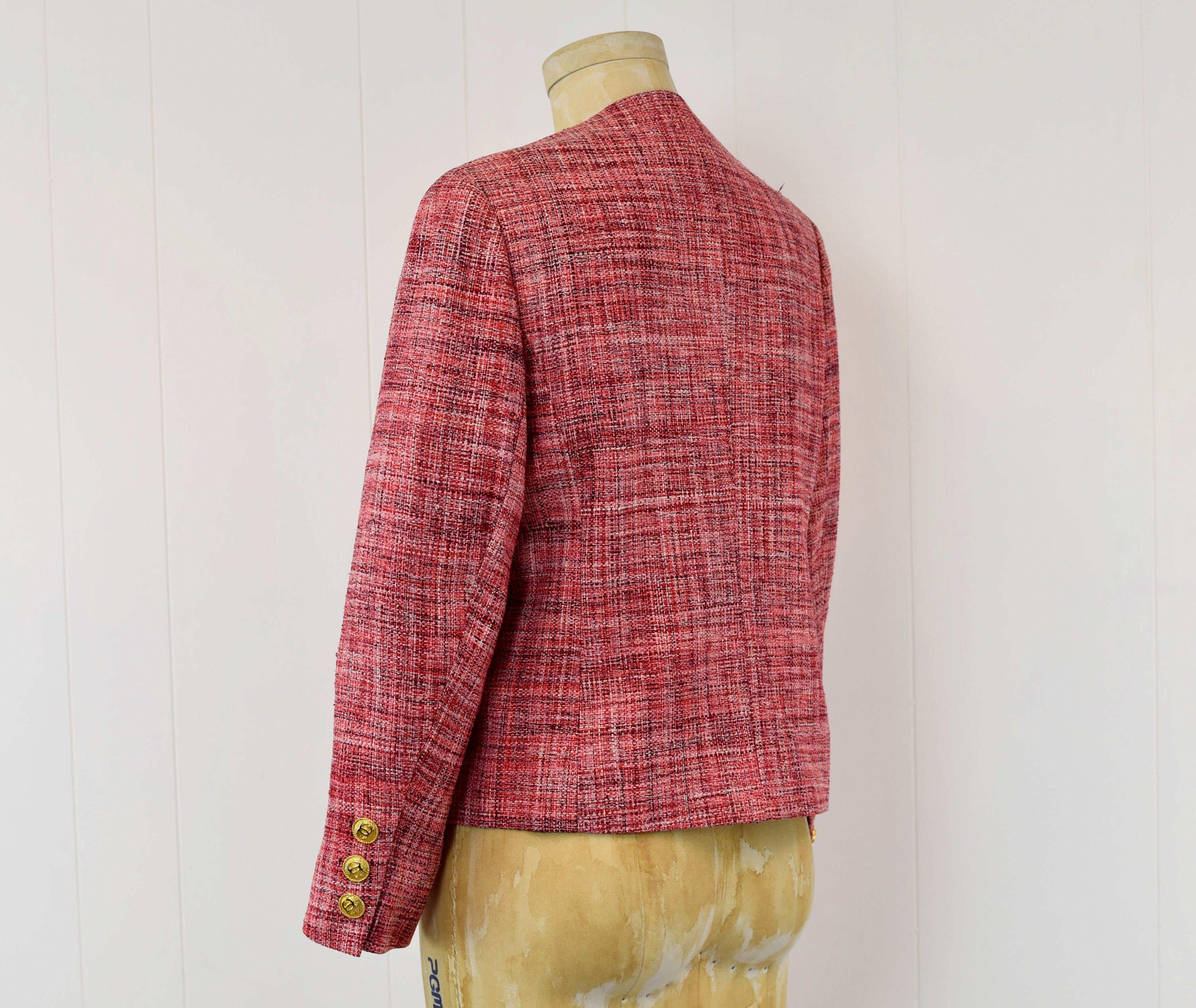 Vintage Chanel Inspired Pink Red Gold Logo Button Jacket - Etsy