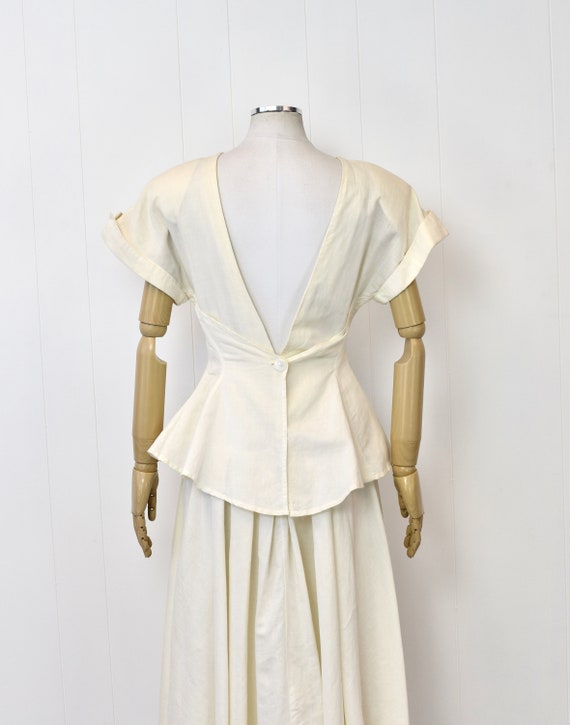 1980s/1990s Ivory Lattice Floral Peplum Linen Bri… - image 7