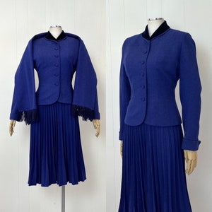 1940s/1950s Blue Indigo Wool Velvet Towncliffe Mid Century Jacket Skirt & Scarf Three Piece Suit Set