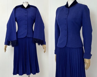 1940s/1950s Blue Indigo Wool Velvet Towncliffe Mid Century Jacket Skirt & Scarf Three Piece Suit Set