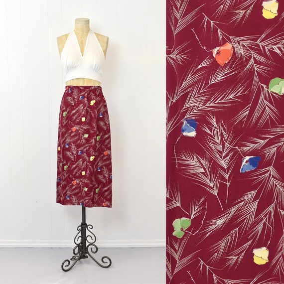 1940s Floral Print Raspberry Red Pink Rayon Skirt 