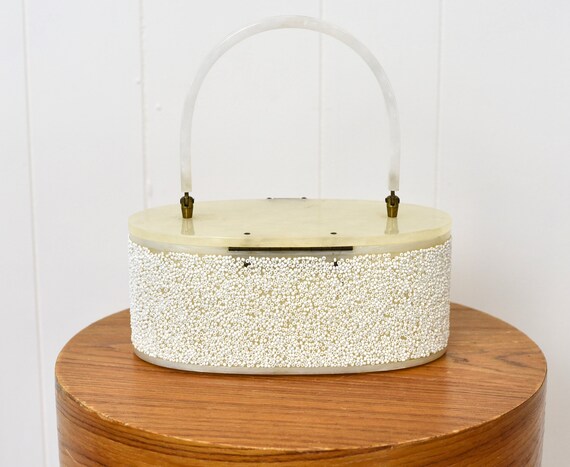 1950s Lucite Beaded Floral Box Purse Handbag - image 6