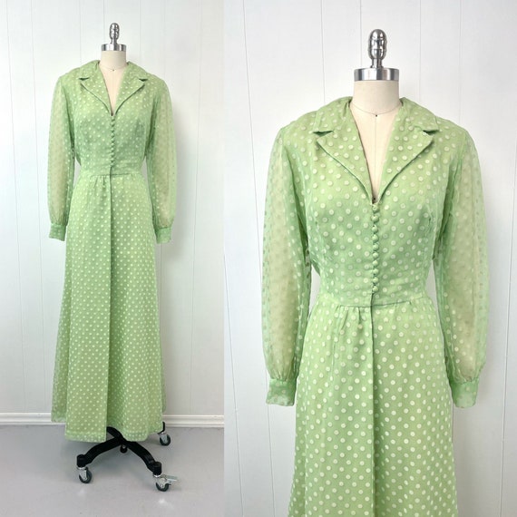 neon green polka dot dress 1970s Jack Bryan Mint Print Chiffon Sheer Sleeve Party Maxi Gown as Is FEB 26. 50% OFF SUMMER SALE