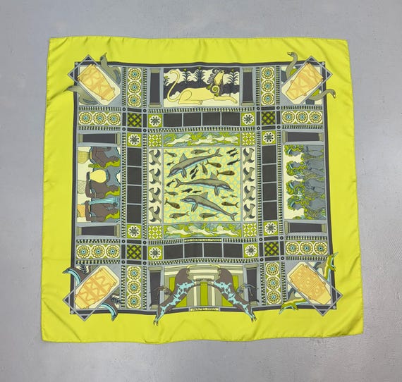Vintage 2003 Hermes Les Secrets de Minos Greek Mythology Aquatic Sophie Koechlin Neon 90cm Scarf Carré