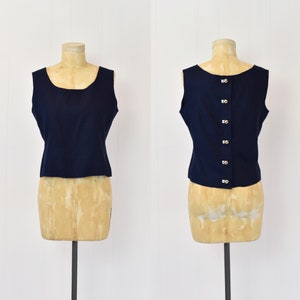 1980s Oscar de la Renta Navy Blue Linen Blouse