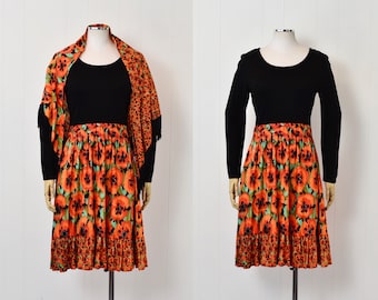 1970s Poppy Floral Orange Black Dress & Shawl Wrap Matching Two Piece Set