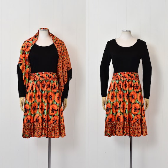 1970s Poppy Floral Orange Black Dress & Shawl Wra… - image 1