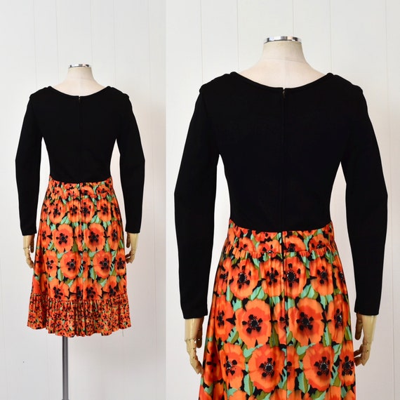 1970s Poppy Floral Orange Black Dress & Shawl Wra… - image 9