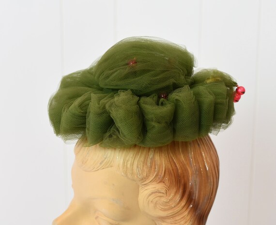 1950s Green Tulle Faux Cherries Fascinator Mini T… - image 4