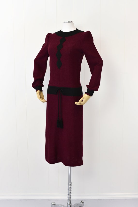 1980s Adolfo Wine Puff Shoulder Dress - image 5