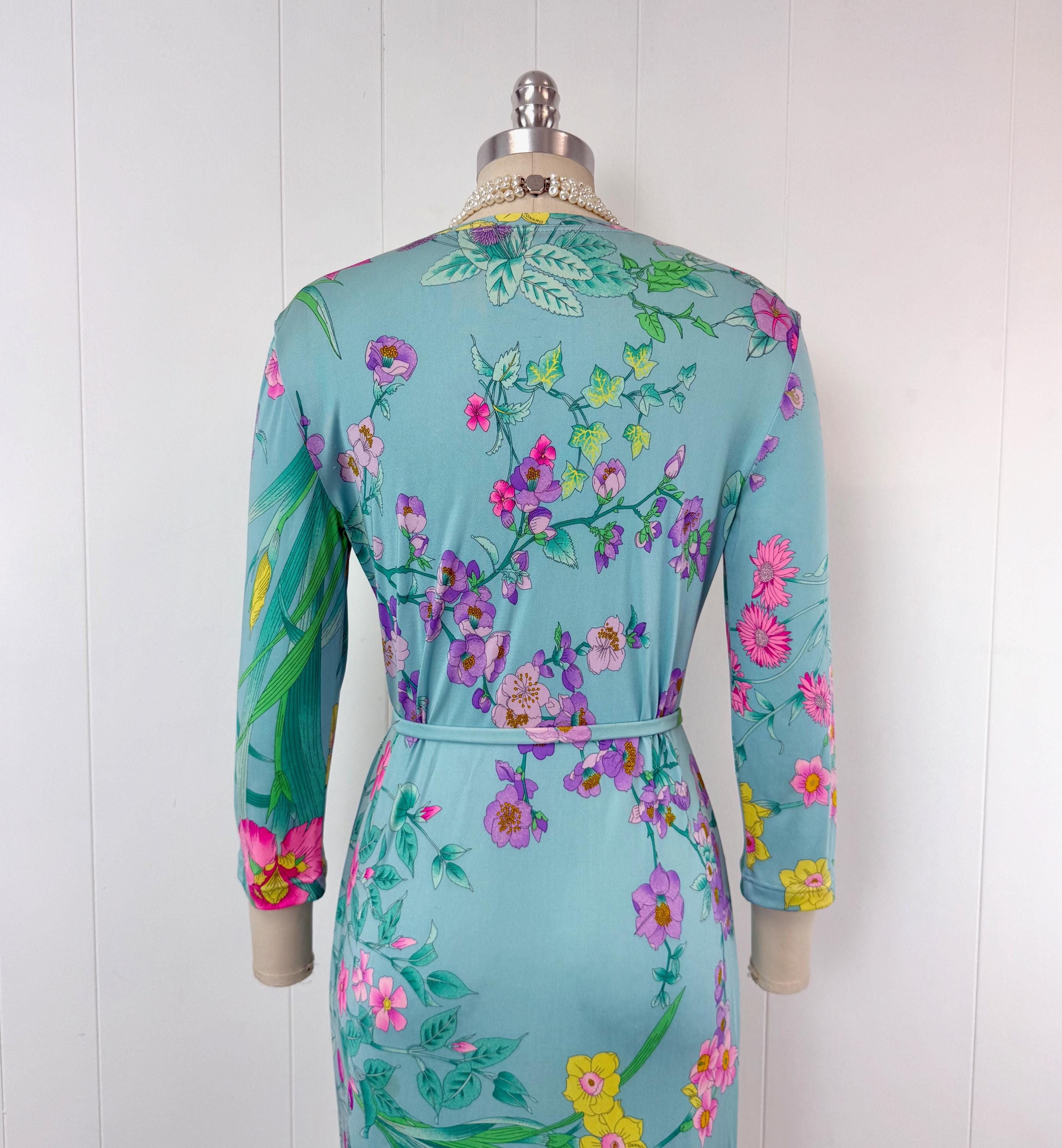 Vintage Leonard Paris Blue Floral Berry Fruit Novelty Print Silk