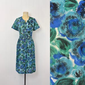 1950s Floral Blue Green Cotton Rhinestone Day Dress Pinup Plus Size Volup