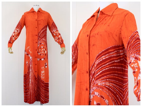 1970s Orange Batik Cotton Shirt Dress