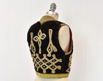 1960s Black Velvet Metallic Gold Embroidered Turkish Mirror