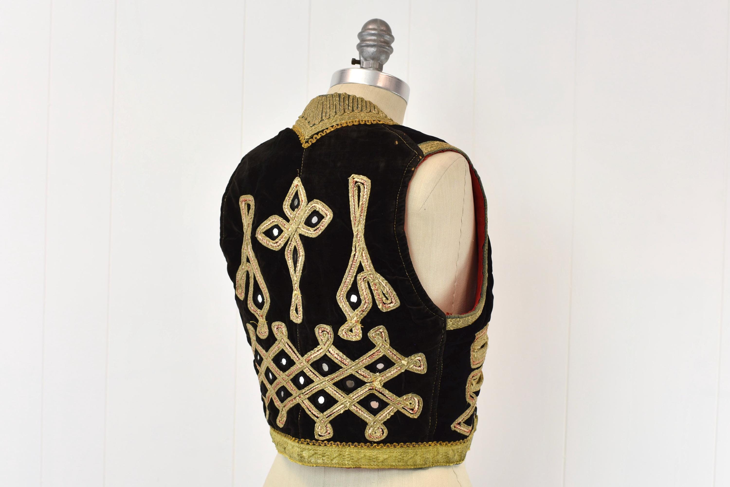 1960s Black Velvet Metallic Gold Embroidered Turkish Mirror
