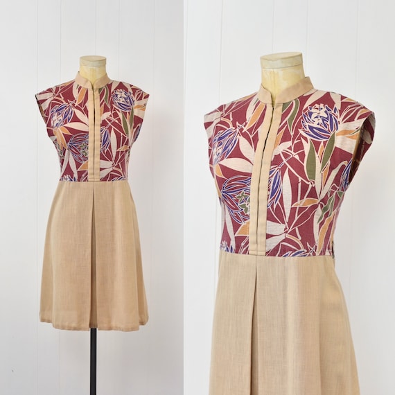 1980s Checkaberry Floral Khaki Tan Red Simple Day Dress