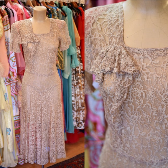 1940's Tan Sheer Lace Dress