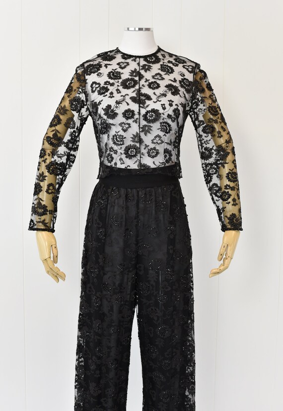 1970s Black Lace Sequined Two Piece Set - image 2