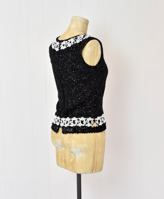 1960s Black & White Sequin Beaded Floral Top Blou… - image 5