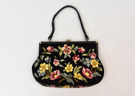 1940s/1950s Black Floral Tapestry Needlepoint Lea… - image 1