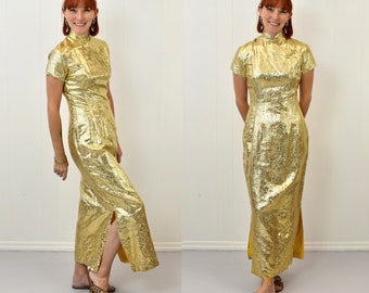 1960s Gold Metallic Floral Fashion From Orient Asian Inspired Cheongsam Pencil Wiggle Dress Gown