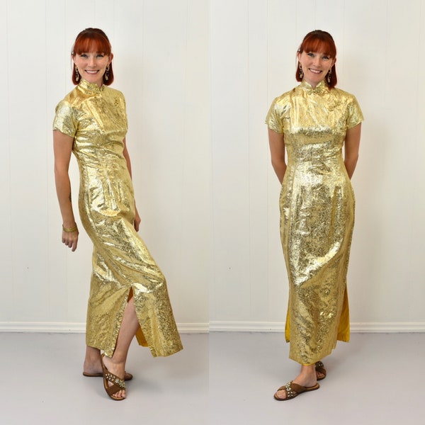 1960s Gold Metallic Floral Fashion From Orient Asian Inspired Cheongsam Pencil Wiggle Dress Gown