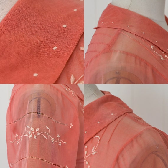 1920s/1930s Embroidered Coral Sheer Cotton Hungar… - image 8
