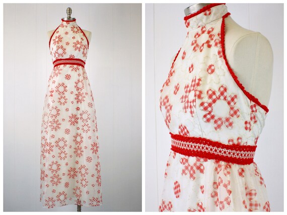 1960s Red Daisy Gingham Halter Maxi Dress
