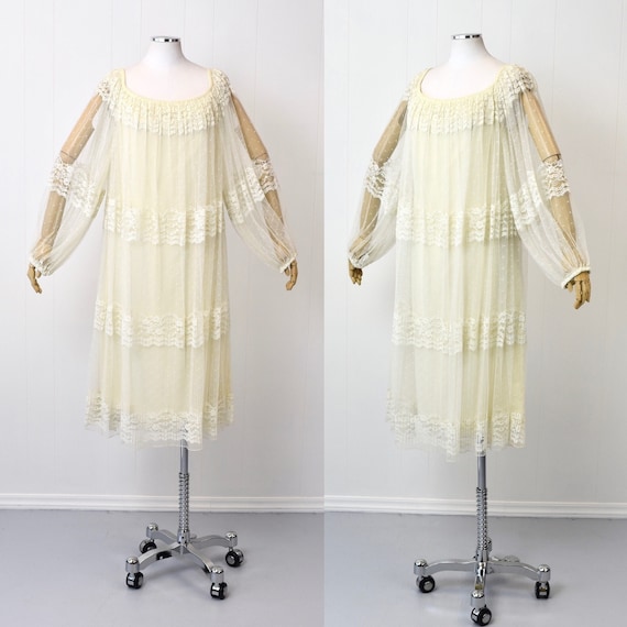 1970s Designer White Floral Tulle Dress Marita by… - image 1
