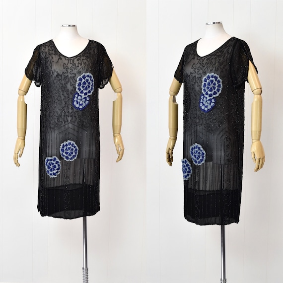 1920s Black Beaded Blue Floral Sheer Flapper Dress - image 1