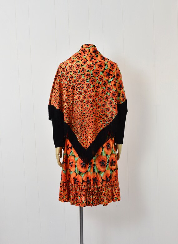 1970s Poppy Floral Orange Black Dress & Shawl Wra… - image 5
